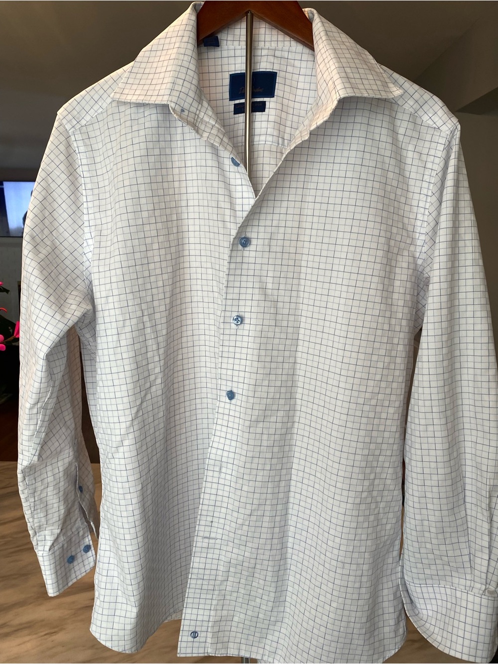 David Donahue luxury white and blue checkered button up shirt 100% cotton